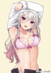  1girl :p armpits arms_up beige_background blush bra breasts cleavage highres lin_oekaki long_hair looking_at_viewer multicolored_hair navel original panties pink_bra pink_hair pink_panties purple_eyes silver_hair simple_background smile solo tongue tongue_out two-tone_hair underwear undressing 