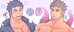  2boys bara beard blue_hair blush dagon_(tokyo_houkago_summoners) facial_hair fins fish_boy goatee grey_hair jacket large_pectorals looking_at_viewer male_focus mature_male multiple_boys muscular muscular_male open_clothes open_jacket pectorals short_hair sideburns smile stubble tentacles tokyo_houkago_summoners touou track_jacket translation_request triton_(tokyo_houkago_summoners) upper_body 