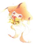  blurry bouquet brown_eyes commentary_request flower gen_3_pokemon highres holding holding_flower jirachi mythical_pokemon nao_(naaa_195) no_humans pink_flower pokemon pokemon_(creature) ribbon solo white_background yellow_flower 