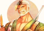  1boy bara beard facial_hair food green_kimono grin hogen_(tokyo_houkago_summoners) japanese_clothes kimono looking_at_viewer male_focus mask mask_removed mature_male muscular muscular_male old old_man pectoral_cleavage pectorals sausage sexually_suggestive short_hair smile solo tengu_mask tokyo_houkago_summoners touou upper_body 