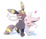  blush commentary_request espeon forked_tail gen_2_pokemon musical_note nao_(naaa_195) no_humans one_eye_closed pokemon pokemon_(creature) purple_eyes red_eyes sitting standing tail toes umbreon 