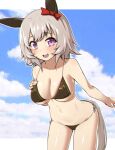  1girl animal_ears bent_over blush breasts cleavage collarbone commentary_request curren_chan_(umamusume) hair_ribbon highres horse_ears horse_girl horse_tail large_breasts looking_at_viewer open_mouth purple_eyes ribbon silver_hair sky solo swimsuit tail umamusume yuki_to_hana 