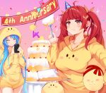  &gt;_&lt; 2girls absurdres ahoge anniversary azur_lane bangs blue_hair blunt_bangs blush blush_stickers breasts cake cake_slice carrying_under_arm cellphone closed_eyes closed_mouth collarbone creature eating eyebrows_visible_through_hair food food_on_face fork hair_ornament hair_ribbon hairclip hat helena_(azur_lane) highres holding holding_fork holding_phone holding_plate honolulu_(azur_lane) hood hood_down hood_up hoodie irohara large_breasts long_hair manjuu_(azur_lane) multiple_girls orange_ribbon party_hat pennant phone pink_background plate red_eyes red_hair ribbon simple_background smartphone smile sparkling_eyes taking_picture twintails v-shaped_eyebrows very_long_hair wavy_mouth yellow_hoodie 