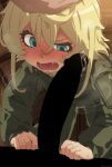  1boy 1girl absurdres bangs blank_censor blonde_hair blue_eyes blush censored cum hetero highres imminent_fellatio imminent_irrumatio long_hair long_sleeves military military_uniform mizumizuni open_mouth penis shiny shiny_hair short_hair solo_focus tanya_degurechaff trembling uniform youjo_senki 