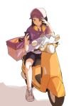  1girl absurdres blush english_commentary ground_vehicle hat_writing highres holding holding_phone hololive hololive_english maka_rum moped motor_vehicle ninomae_ina&#039;nis phone purple_hair shadow simple_background sweat tentacle_hair uber_eats virtual_youtuber white_background 