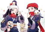  1girl 2boys :d ;d akari_(pokemon) barry_(pokemon) black_hair black_undershirt blonde_hair chimchar commentary_request cyndaquil doll eyelashes gen_2_pokemon gen_4_pokemon gen_5_pokemon gen_7_pokemon grey_eyes hand_up hat head_scarf holding holding_pokemon jacket long_hair multiple_boys nao_(naaa_195) on_head one_eye_closed open_mouth oshawott piplup pokemon pokemon_(creature) pokemon_(game) pokemon_dppt pokemon_legends:_arceus pokemon_on_head ponytail red_headwear red_scarf rei_(pokemon) rowlet sash scarf short_hair sidelocks smile starter_pokemon_trio stitches striped striped_jacket turtwig undershirt upper_teeth v white_headwear 