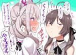  2girls :&gt; @_@ ahoge blush brown_hair choker closed_eyes commentary_request grey_hair hat hololive multicolored multicolored_eyes multiple_girls natsuiro_matsuri nijisanji nurse nurse_cap open_mouth pony_r smile sukoya_kana translation_request twintails virtual_youtuber yuri 