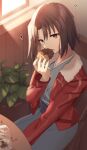  1girl absurdres bangs blue_kimono brown_eyes brown_hair doughnut eating eyebrows_visible_through_hair food fur-trimmed_jacket fur_trim hair_between_eyes hair_intakes highres holding holding_food indoors jacket japanese_clothes kara_no_kyoukai kimono long_sleeves okakasushi open_clothes open_jacket open_mouth red_jacket ryougi_shiki shiny shiny_hair short_hair sitting solo 