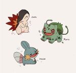  :d black_eyes bright_pupils bulbasaur commentary_request creature cyndaquil fangs fire gen_1_pokemon gen_2_pokemon gen_3_pokemon mudkip nao_(naaa_195) no_humans open_mouth plant pokemon pokemon_(creature) red_eyes smile tongue vines white_pupils 