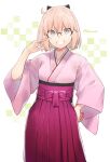  1girl adjusting_eyewear ahoge bangs bespectacled black_bow bow commentary_request cowboy_shot fate/grand_order fate_(series) glasses green_background green_eyes grin hair_bow hakama japanese_clothes kimono looking_at_viewer okita_souji_(fate) okita_souji_(fate)_(all) pink_hair pink_kimono plaid short_hair simple_background smile solo somemiya_suzume twitter_username white_background 