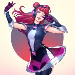  1girl arm_up armor bangs black_gloves black_leotard blue_background boots breasts cowboy_shot double_bun dress floating_hair gloves gradient_hair hand_up headgear large_breasts league_of_legends leotard long_hair looking_at_viewer lux_(league_of_legends) multicolored_hair one_eye_closed open_mouth pink_eyes purple_gloves red_hair see-through shiny shoulder_armor smile solo space_groove_lux thigh_boots thighhighs tongue tongue_out tsuaii upper_teeth v white_background white_leotard 