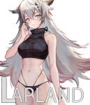  1girl alternate_costume animal_ears arknights bangs bare_arms bare_shoulders breasts character_name commentary cowboy_shot crop_top grey_eyes hair_between_eyes hair_ornament hairclip hand_up highres lappland_(arknights) large_breasts long_hair looking_at_viewer midriff navel no_pants silver_hair simple_background sleeveless solo standing stomach thighs turtleneck typo very_long_hair white_background wolf_ears x_nuan 
