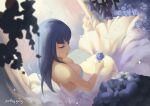  1girl backless_dress backless_outfit backlighting bare_shoulders bench black_hair blue_flower blue_rose breasts cleavage closed_eyes dress english_commentary flower from_above garden gury kill_la_kill kiryuuin_satsuki large_breasts lips long_dress long_hair nose petals rose sitting solo straight_hair strapless strapless_dress thick_eyebrows twitter_username wedding_dress white_dress 