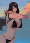  1girl absurdres adjusting_hair bikini black_bikini black_hair breast_press breasts ennuigrl erato_(ennuigirl) glass highres lips long_hair original pool poolside squish submerged sunset swimsuit thick_lips wet wet_hair yellow_eyes 