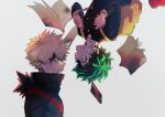  2boys backpack bag bakugou_katsuki bandaid bandaid_on_cheek bandaid_on_hand bangs blonde_hair blue_eyes boku_no_hero_academia book eye_contact freckles from_side green_eyes green_hair highres injury long_sleeves looking_at_another male_focus midoriya_izuku multiple_boys official_alternate_costume open_book open_mouth red_footwear short_hair suzumetarou upper_body upside-down white_background 