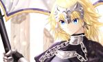  1girl armor armored_dress bangs blonde_hair blue_eyes breasts chain collar dress fate/apocrypha fate_(series) faulds flag gauntlets headpiece highres ilsa34660285 jeanne_d&#039;arc_(fate) jeanne_d&#039;arc_(fate)_(all) large_breasts long_hair looking_at_viewer metal_collar plackart purple_dress solo very_long_hair 
