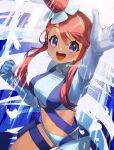  1girl :d arm_up blue_eyes blue_gloves blue_jacket blue_shorts blush breasts clenched_hand commentary_request cropped_jacket eyelashes gloves hair_ornament hand_up highres jacket looking_at_viewer midriff navel one_side_up open_mouth pokemon pokemon_(game) pokemon_bw red_hair short_hair_with_long_locks short_shorts shorts sidelocks skyla_(pokemon) smile solo teeth thigh_pouch tied_hair tongue turtleneck yamanashi_taiki 
