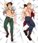  1boy abs ass bara bed belt blue_eyes boots brown_hair camp_buddy closed_mouth cowboy_hat denim hat hat_removed headwear_removed jeans large_pectorals lying male_focus mikkoukun multiple_views muscular muscular_male navel nipples on_bed on_side open_clothes open_mouth open_shirt pants pectorals shirt shirt_removed short_hair smile solo suspenders watch wristwatch yoshinori_nagira 