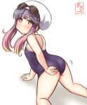  1girl adjusting_clothes adjusting_swimsuit alternate_costume artist_logo ass blue_swimsuit dated gradient_hair kanon_(kurogane_knights) kantai_collection looking_at_viewer looking_back multicolored_hair one-hour_drawing_challenge one-piece_swimsuit orange_hair purple_eyes purple_hair short_hair_with_long_locks sidelocks simple_background solo swimsuit tsushima_(kancolle) white_background 