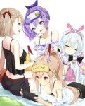  4girls animal_ears ayanami_(azur_lane) ayanami_(off-duty_battle_station_gear)_(azur_lane) azur_lane babydoll bandaid bandaid_on_arm bangs bare_shoulders black_bra blonde_hair blue_eyes bra breasts choro_tofu cleavage closed_mouth collarbone commentary_request fake_animal_ears hairband handheld_game_console highres javelin_(azur_lane) javelin_(operation:_pillow_fight!)_(azur_lane) laffey_(azur_lane) laffey_(beginning_and_end_of_cleaning)_(azur_lane) loose_clothes loose_shirt lying multiple_girls off_shoulder official_alternate_costume on_stomach pajamas partial_commentary purple_hair rabbit_ears red_eyes shirt sidelocks silver_hair sitting sleep_mask sleepover small_breasts smile spaghetti_strap t-shirt underwear z23_(azur_lane) z23_(secret_care_room)_(azur_lane) 