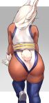  1girl absurdres animal_ears ass ass_focus back biceps boku_no_hero_academia boots dark-skinned_female dark_skin from_behind gloves grey_background highleg highleg_leotard highres leotard long_eyelashes long_hair mirko muscular muscular_female rabbit_ears rabbit_girl rabbit_tail simple_background solo superhero t_r717 tail tail_through_clothes taut_leotard thick_thighs thigh_boots thighhighs thighs toned white_background white_gloves white_hair white_leotard 