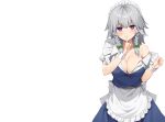  apron bow braids breasts cleavage gray_hair headdress izayoi_sakuya maid no_bra phano_(125042) purple_eyes short_hair touhou undressing white wristwear 