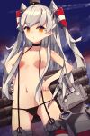  1girl amatsukaze_(kancolle) bikini bikini_bottom black_bikini black_choker blue_sky breasts cameltoe chinese_commentary choker closed_mouth cloud collarbone commentary_request condensation_trail cowboy_shot cuicuijiao eyebrows_visible_through_hair gloves grey_hair hair_tubes hands_on_hips highres kantai_collection long_hair looking_at_viewer navel orange_eyes rensouhou-kun revealing_clothes single_glove sky small_breasts solo swimsuit thighhighs topless two_side_up white_gloves 