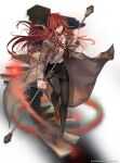  1girl black_legwear black_skirt breasts brown_coat closed_mouth coat eyepatch highres holding holding_weapon hwa_ryun leenim long_coat long_hair looking_at_viewer lord_of_dice official_art one_eye_covered open_clothes open_coat red_eyes red_hair shirt skirt solo tower_of_god very_long_hair weapon white_background white_shirt 