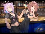  2girls ahoge alternate_costume animal_ear_fluff animal_ears bangs bar bar_stool black_collar black_pants black_shirt breasts brown_eyes brown_hair cat_ears cat_girl cleavage cocktail cocktail_glass collar counter cup dog_ears dog_girl drinking_glass highres holding holding_cup hololive huge_filesize indoors inugami_korone large_breasts long_hair looking_at_viewer medium_breasts multiple_girls navel nekomata_okayu open_mouth pants purple_eyes purple_hair shirt short_hair short_sleeves sitting smile stool striped vertical-striped_pants vertical_stripes virtual_youtuber yoshikawa_hiro 