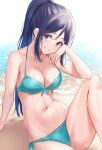  1girl absurdres beach bikini blue_bikini blue_hair breasts cleavage collarbone day elbow_on_knee elbow_rest head_on_hand head_rest highres knee_up large_breasts long_hair looking_at_viewer love_live! love_live!_sunshine!! matsuura_kanan navel ponytail purple_eyes rama_(yu-light8) sand side-tie_bikini sitting smile solo sunlight swimsuit teeth thighs water wet wet_clothes wet_hair wet_swimsuit 
