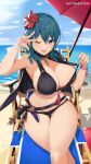  1girl ;d ass_visible_through_thighs bangs beach beach_umbrella bikini bikini_lift black_bikini black_capelet blue_hair blue_sky breasts byleth_(fire_emblem) byleth_(fire_emblem)_(female) capelet cleavage clothes_lift commentary_request crossed_legs day feet_out_of_frame fire_emblem fire_emblem:_three_houses flower hair_flower hair_ornament hibiscus highres horizon large_breasts lifted_by_self long_hair looking_at_viewer navel ocean one_eye_closed open_mouth outdoors purple_eyes red_flower sitting sky smile solo spiz sweat swimsuit tassel thigh_strap thighs twitter_username umbrella w water wristband 