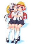  2girls backpack bag black_footwear black_skirt blue_eyes cheek-to-cheek double_bun face-to-face full_body hair_bun hair_intakes hat heads_together highres hug kneehighs kyubey long_hair magia_record:_mahou_shoujo_madoka_magica_gaiden mahou_shoujo_madoka_magica mary_janes miniskirt multiple_girls randoseru red_eyes sawa_sudachi school_hat shirt shoes short_hair short_sleeves silver_hair sitting skirt suspender_skirt suspenders twintails white_legwear white_shirt yakumo_mitama yappariga yellow_headwear 