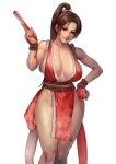  1girl absurdres breasts brown_eyes brown_hair cirenk cleavage closed_fan fatal_fury folding_fan hand_fan high_ponytail highres holding holding_fan large_breasts long_hair looking_at_viewer ninja pelvic_curtain ponytail revealing_clothes shiranui_mai smile solo the_king_of_fighters white_background 