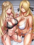  2girls :q arm_behind_back asymmetrical_docking bangs bikini bikini_pull black_bikini black_choker black_footwear blonde_hair blue_eyes blue_nails breast_press breasts choker closed_mouth clothes_pull collarbone commentary_request covered_nipples curvy cynthia_(pokemon) eyebrows_behind_hair eyebrows_visible_through_hair eyes_visible_through_hair glitter green_eyes green_nails hair_ornament hair_over_one_eye highres hikari_(komitiookami) huge_breasts jewelry large_breasts long_hair looking_at_viewer lusamine_(pokemon) mature_female mole_on_body multiple_girls nail_polish navel necklace o-ring o-ring_bikini pokemon pokemon_(game) pokemon_dppt pokemon_sm revision ring_necklace shiny shiny_hair side-tie_bikini sidelocks skindentation stomach swimsuit tongue tongue_out very_long_hair white_bikini white_footwear wide_hips 