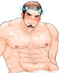 1boy abs bara bare_pectorals blush brown_hair ear_blush facial_hair goatee halo highres large_pectorals leaning_back long_sideburns looking_at_viewer lostdog121 male_focus mature_male multicolored_hair muscular muscular_male naked_towel navel nipples pectorals pointy_ears short_hair sideburns snowflakes solo sparkling_eyes stomach sweat tokyo_houkago_summoners tomte_(tokyo_houkago_summoners) towel two-tone_hair upper_body wet white_background white_hair 