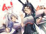  2girls akagi_(azur_lane) animal_ear_fluff animal_ears azur_lane black_hair breasts cake character_doll chrysanthemum fingerless_gloves flower food gloves green_eyes green_skirt half_gloves hiryuu_(azur_lane) holding holding_tray kaga_(azur_lane) long_hair medium_breasts miniskirt moji_(mojimozis) multiple_girls rabbit_ears silver_hair simple_background single_glove skirt souryuu_(azur_lane) tray very_long_hair white_background white_hair wide_sleeves 