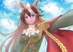  1girl animal_ears answering blue_sky breasts brown_hair cape cloud commentary_request day epaulettes green_jacket highres horse_ears horse_girl jacket light_smile long_hair military military_jacket military_uniform multicolored_hair outdoors outstretched_arm purple_eyes red_cape selfie sky small_breasts solo streaked_hair symboli_rudolf_(umamusume) tassel two-tone_hair umamusume uniform upper_body white_hair white_neckwear 