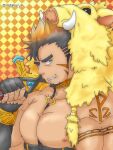  1boy animal_hood arm_tattoo bara bare_pectorals between_pectorals blue_eyes boar_boy body_fur brown_hair chest_harness facial_hair fang forked_eyebrows goatee gullinbursti_(tokyo_houkago_summoners) harness highres hood large_pectorals long_sideburns looking_at_viewer male_focus mature_male muscular muscular_male nipples notakurun pectorals short_hair sideburns smirk solo tattoo tokyo_houkago_summoners upper_body 