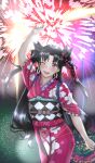  1girl absurdres earrings fate/grand_order fate_(series) fireworks highres ishtar_(fate) ishtar_(fate)_(all) japanese_clothes jewelry kimono red_eyes ribbon romulproduce smile summer 