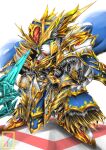  arthur_gundam_mk-iii blue_cape blue_eyes cape colored_sclera denjyou23 green_sclera gundam highres holding holding_weapon looking_at_viewer mecha no_humans open_hand sd_gundam sd_gundam_world_heroes solo standing v-fin weapon 