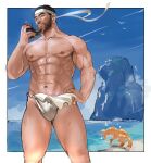  1boy abs animal armpit_hair bara beach beard black_hair border bulge cliff day facial_hair fox fundoshi ghost_of_tsushima hand_on_hip hand_up headband highres holding holding_mask japanese_clothes large_pectorals leg_hair lips looking_away male_focus mask mask_removed muscular muscular_male navel ocean outdoors outside_border parted_lips pectorals realistic sakai_jin scar scar_on_arm scar_on_chest scar_on_leg short_hair solo standing tofu_(tofulabo) underwear underwear_only 