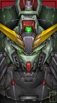  absurdres artist_logo denjyou23 forbidden_gundam green_eyes gundam gundam_seed highres looking_ahead mecha mobile_suit no_humans portrait science_fiction solo v-fin 