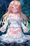 1girl blonde_hair blue_eyes blurry blurry_background blush breasts commission detached_sleeves dress groin highres holding holding_string lace lace-trimmed_dress lace_trim long_hair looking_at_viewer medium_breasts night nyahu_(nyahu_77) original seductive_smile skeb_commission sleeves smile solo standing water water_drop wet wet_clothes wet_dress white_dress 