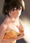  1girl alternate_costume bare_shoulders blouse blush breasts brown_eyes brown_hair cleavage commentary covered_nipples eyebrows_visible_through_hair flashing gradient gradient_background hair_between_eyes highres hiryuu_(kancolle) kantai_collection large_breasts looking_at_viewer no_bra short_hair smile wa_(genryusui) 