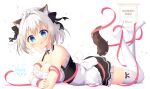  1girl :q animal_ears aoi_yun apron bare_shoulders between_breasts black_bow black_dress blue_eyes blush bow breasts cat_ears cat_girl cat_tail cleavage closed_mouth commentary_request dress frilled_apron frilled_dress frills full_body hair_bow hair_intakes legs_up looking_at_viewer lying maid maid_headdress medium_breasts no_shoes on_stomach original pleated_dress smile soles solo tail thighhighs tongue tongue_out white_apron white_background white_hair white_legwear wrist_cuffs 