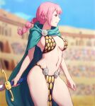  1girl arena armor bikini_armor blurry blurry_background braid breasts breasts_apart cape day dress from_side gladiator gloves highres holding holding_sword holding_weapon large_breasts long_hair navel one_piece pelvic_curtain pink_eyes pink_hair rebecca_(one_piece) solo_focus stadium stomach sword weapon zoryc 