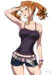  1girl anjou_naruko ano_hi_mita_hana_no_namae_wo_bokutachi_wa_mada_shiranai. arm_at_side arm_up armpits asymmetrical_bangs bangs bare_arms bare_shoulders belt black_camisole blue_shorts bracelet breasts brown_eyes brown_hair cameltoe camisole chemise collarbone commentary_request denim denim_shorts earrings hand_in_hair highres jewelry large_breasts long_hair looking_to_the_side open_mouth revision short_shorts shorts simple_background solo standing suna twintails white_background 