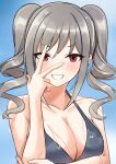  1girl absurdres bangs bare_arms bare_shoulders bikini black_bikini breasts cleavage collarbone commentary_request eyebrows_visible_through_hair grey_hair grin hair_between_eyes highres idolmaster idolmaster_cinderella_girls idolmaster_cinderella_girls_starlight_stage kanzaki_ranko long_hair looking_at_viewer medium_breasts mitsumine_raimu red_eyes ringlets smile solo swimsuit upper_body 