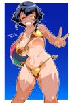  1girl ;) abs absurdres artist_name ball bangs beachball bikini black_hair blue_background border braid breasts commentary_request dated front-tie_bikini front-tie_top girls_und_panzer gold_bikini gold_swimsuit gradient gradient_background grin highres holding holding_ball large_breasts looking_at_viewer navel one_eye_closed orange_eyes outline outside_border partial_commentary pepperoni_(girls_und_panzer) shinkuukan_(tetsuo3) shiny shiny_clothes shiny_swimsuit short_hair side-tie_bikini side_braid signature smile solo standing string_bikini sweat swimsuit tan tanlines thighs v white_border white_outline 