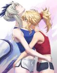  2girls artoria_pendragon_(fate) artoria_pendragon_(lancer_alter)_(fate) bangs bare_shoulders black_shorts blonde_hair blue_tank_top blush braid breasts choker commentary dolphin_shorts fate/apocrypha fate/grand_order fate_(series) green_eyes grey_hair hand_on_another&#039;s_head headpat highres horns hug large_breasts long_hair mordred_(fate) mordred_(fate/apocrypha) multiple_girls parted_bangs ponytail red_tank_top scrunchie short_shorts shorts sidelocks small_breasts tail tank_top tonee white_shorts wrist_scrunchie yellow_eyes 